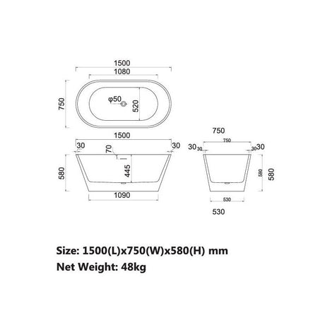 Charming Freestanding Bathtub O/F 1500x750x580mm