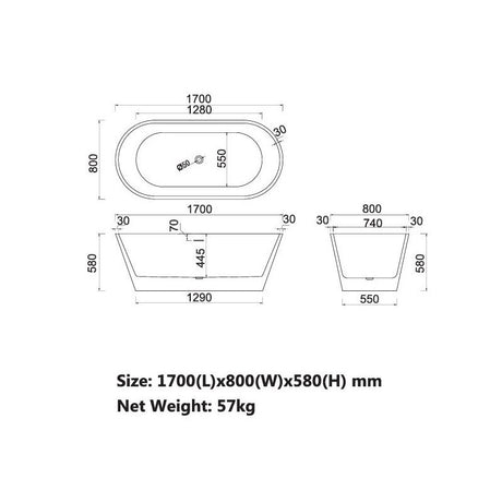 Charming Freestanding Bathtub O/F 1700x800x580mm