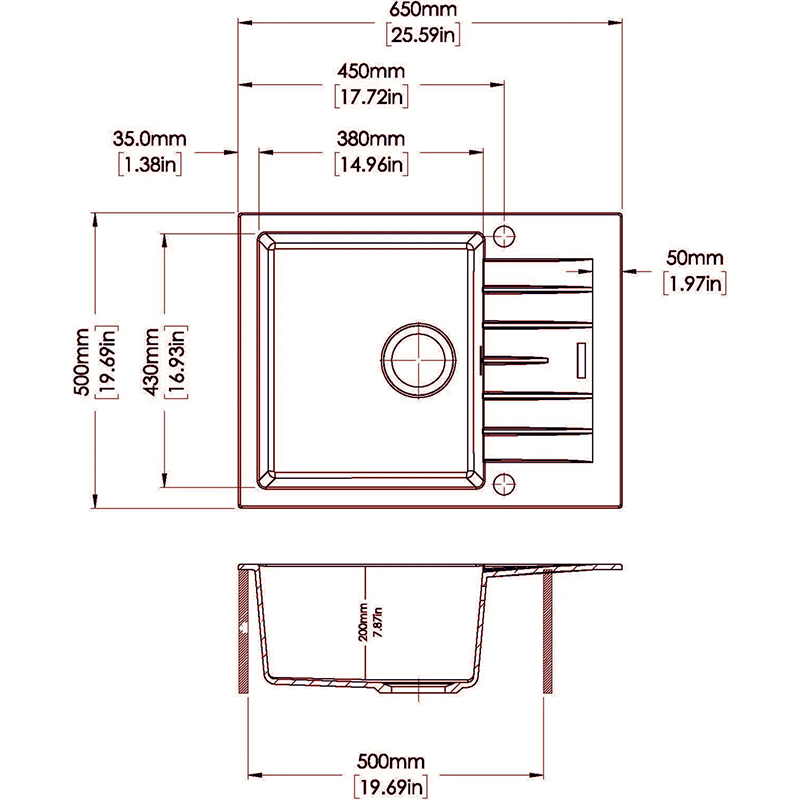 Carysil City Single Bowl with Drainer Granite Kitchen Sink Black 650x500x200mm