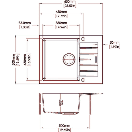 Carysil City Single Bowl with Drainer Granite Kitchen Sink Black 650x500x200mm