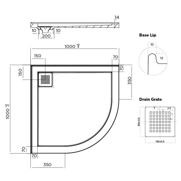 ECO Curved Polymarble Base 1000x1000 Corner Outlet Shower Base