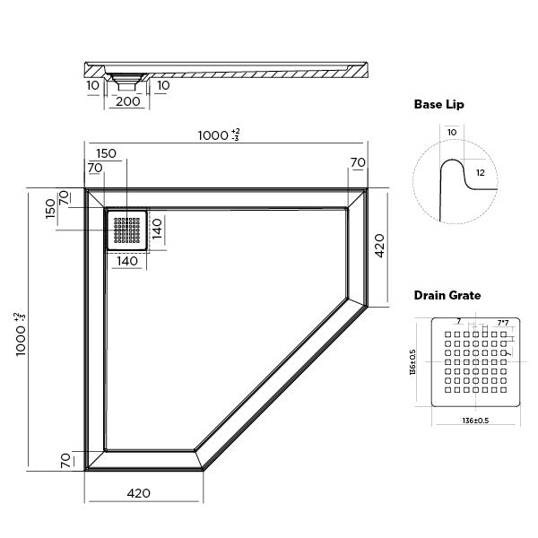 ECO Neo angle Polymarble Base 1000x1000 Corner Outlet Shower Base