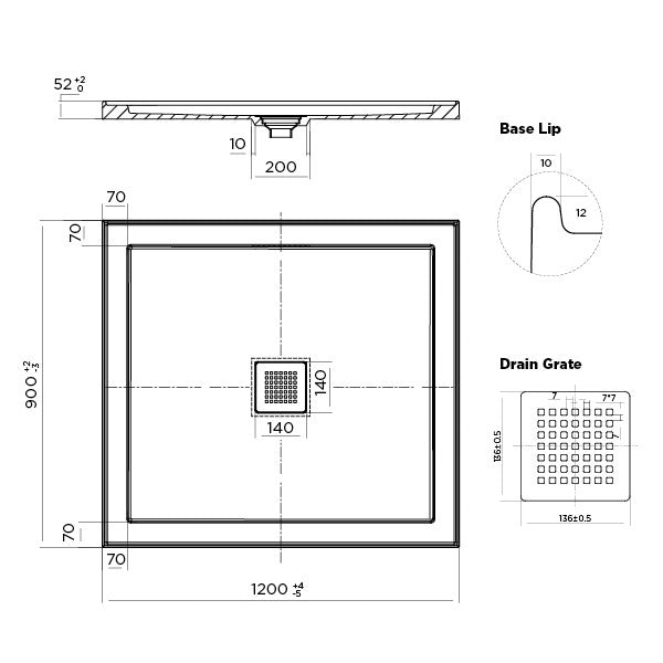 ECO Polymarble Base 1200x900 Center Outlet Shower Base