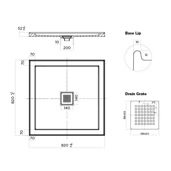 ECO Polymarble Base 820x820 Center Outlet Shower Base