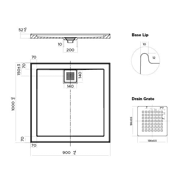 ECO Polymarble Base 900x1000 Rear Outlet Shower Base