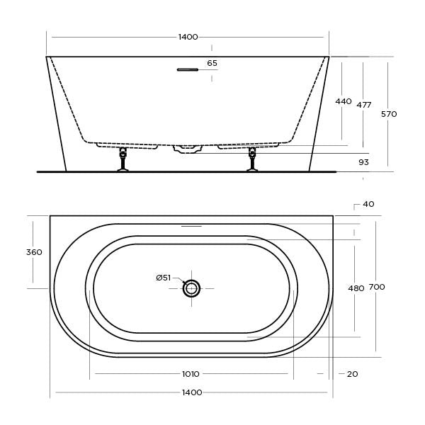 ECO BACK TO WALL BATHTUB 1400x700x570mm