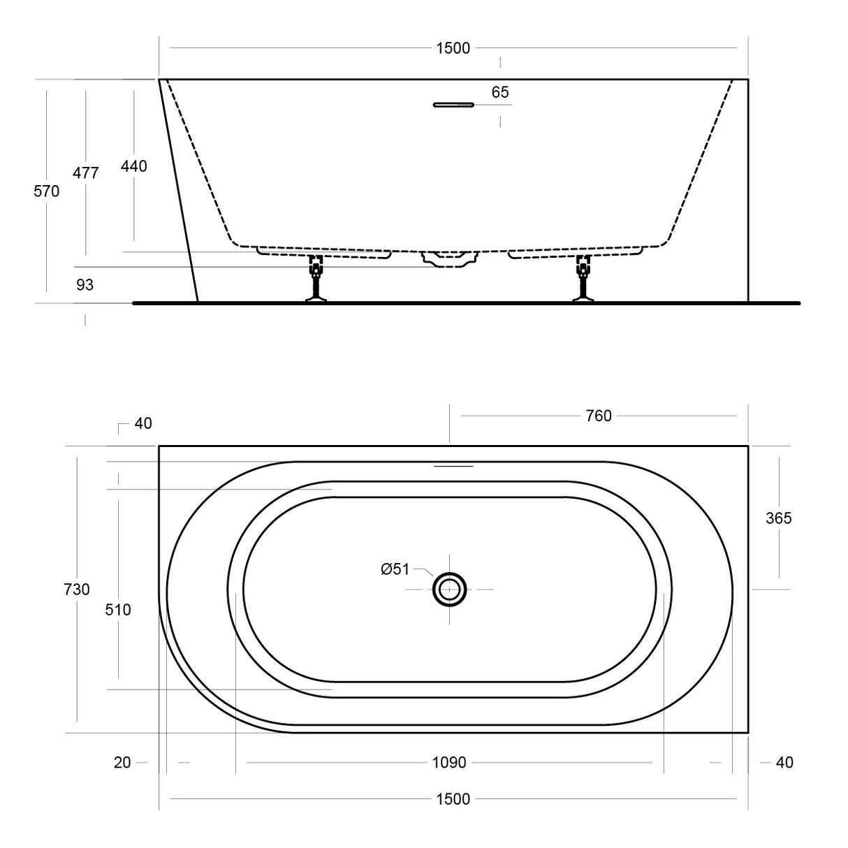 ECO CORNER BATHTUB RIGHT HAND 1500x730x570mm