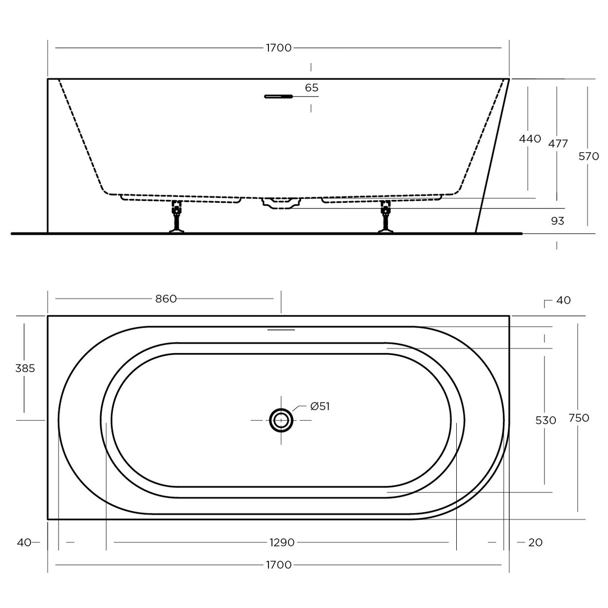 ECO CORNER BATHTUB RIGHT LEFT 1700x750x570mm