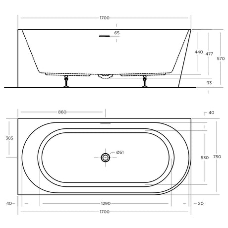 ECO CORNER BATHTUB RIGHT LEFT 1700x750x570mm