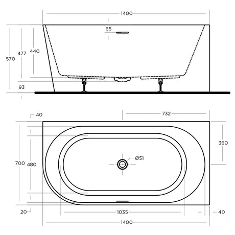 ECO CORNER BATHTUB RIGHT HAND 1400x700x570mm