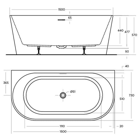 ECO BACK TO WALL BATHTUB 1500x730x570mm