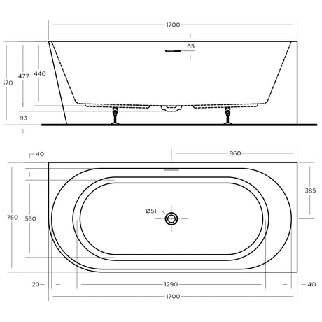 ECO CORNER BATHTUB RIGHT HAND 1700x750x570mm