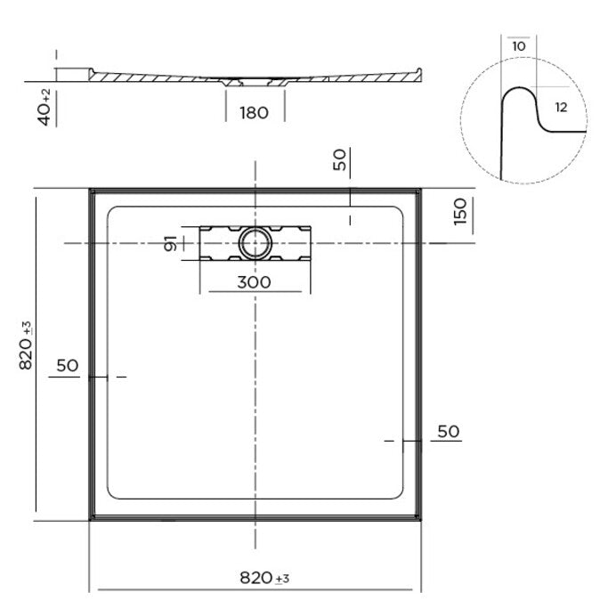 Elite Polymarble Base 820x820 Rear Outlet Shower Base