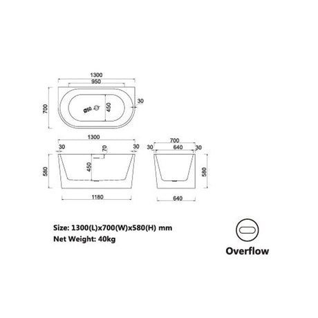 Hannah Freestanding Bathtub - Back To Wall O/F 1300x700x580mm