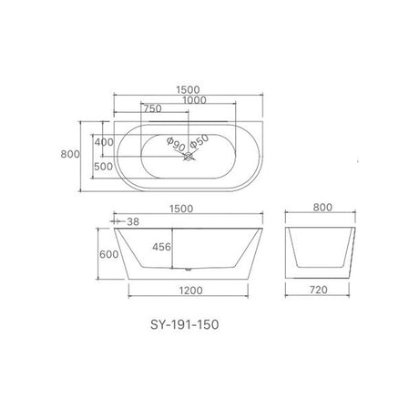 Hannah Freestanding Bathtub - Back To Wall 1500x700x600mm