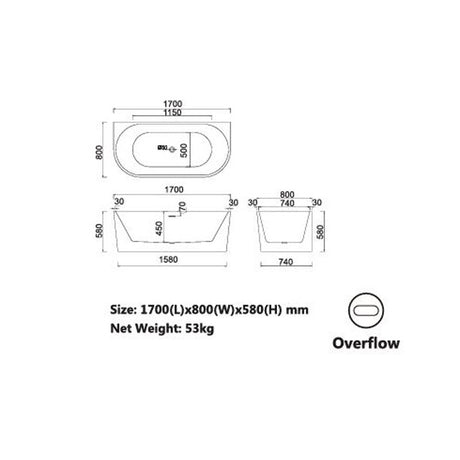 Hannah Freestanding Bathtub - Back To Wall O/F 1700x800x580mm