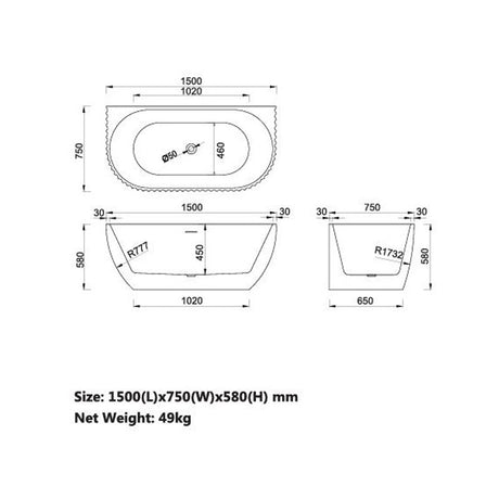 Lamont Collection Freestanding Bathtub Back To Wall O/F 1500x750x580mm