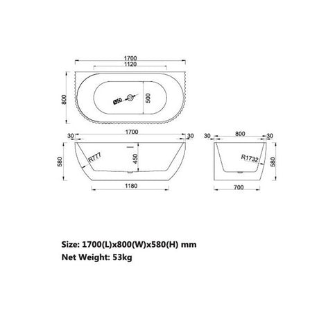 Lamont Collection Freestanding Bathtub Back To Wall O/F 1700x800x580mm