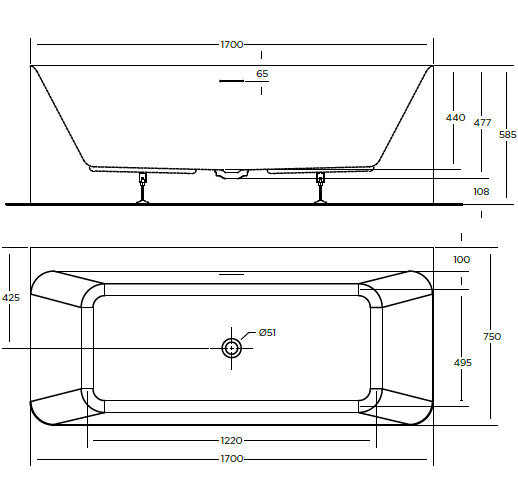 LUNUS BACK TO WALL BATHTUB 1700x750x585mm