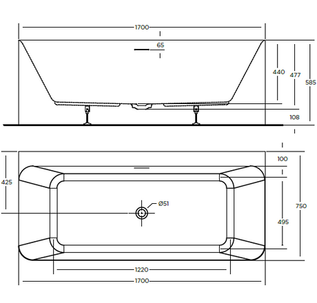 LUNUS BACK TO WALL BATHTUB 1700x750x585mm