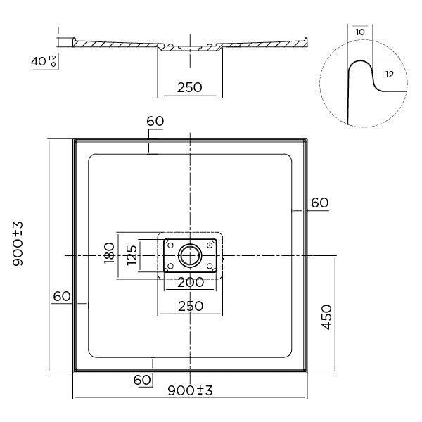 Metro Polymarble base 900x900 Center Outlet Shower Base