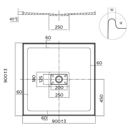 Metro Polymarble base 900x900 Center Outlet Shower Base