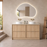 Noma Series Free Standing Vanity Natural Timber Double Bowls 1480x455x855mm With Flat Stone Top
