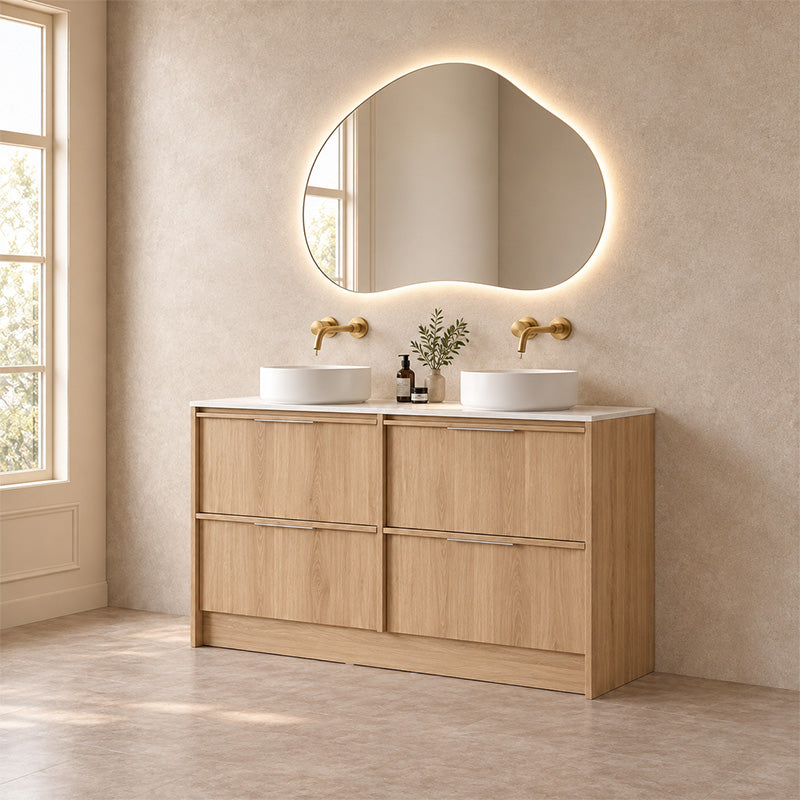 Noma Series Free Standing Vanity Natural Timber Double Bowls 1480x455x855mm With Flat Stone Top