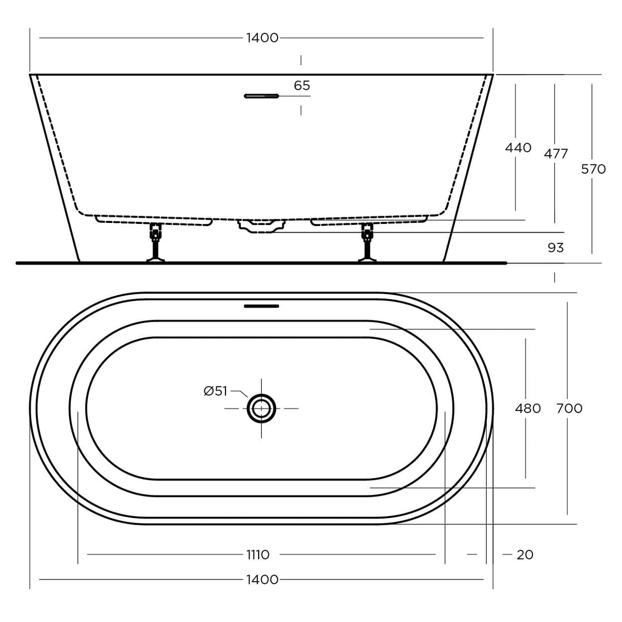 NAVA FREESTANDING BATHTUB 1400x700x570mm