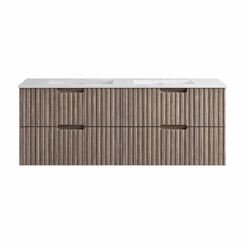 Elena Series Wall Hung Double Bowl Antica Timber 1480x455x540mm Vanity with Stone Top & Ceramic Undermount Basin
