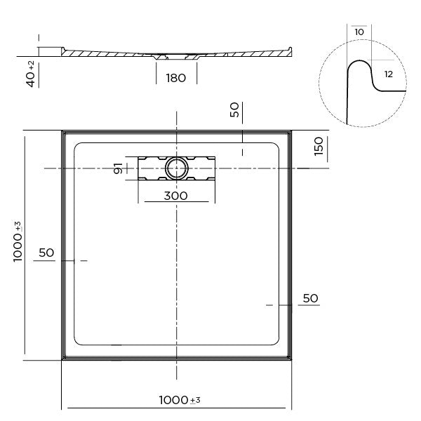 Elite Polymarble Base 1000x1000 Rear Outlet Shower Base