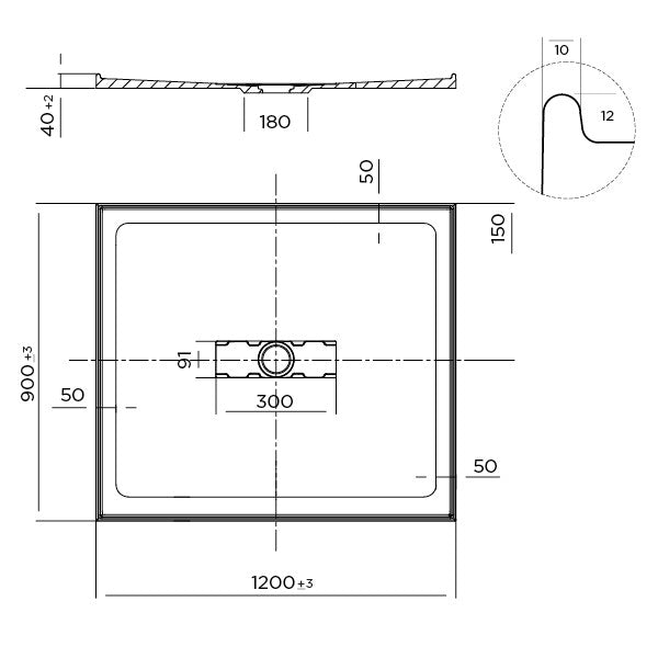 Elite Polymarble Base 1200x900 Center Outlet Shower Base