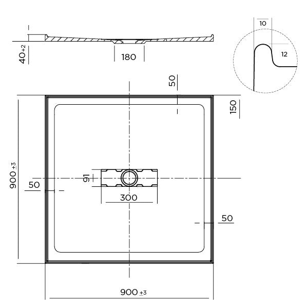 Elite Polymarble Base 900x900 Center Outlet Shower Base