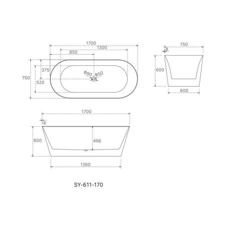Olivia Freestanding Bathtub - 8mm Ultra Slim Rims 1700x750x600mm
