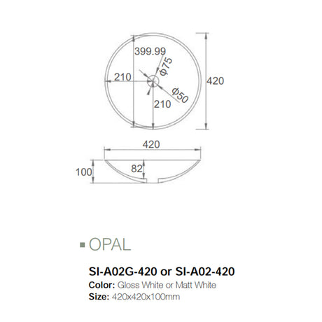 Solid Surface Basin Series Opal Above Counter Gloss White 420x420x100mm
