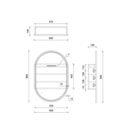 LED Osacr Oval Shaving Cabinet Rosewood 600x900x155mm