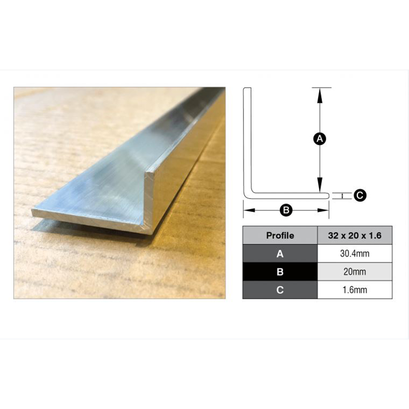 Aluminium Angle - Waterstop Trim Bright Silver 20 x 32 x 1.6mm x 3m