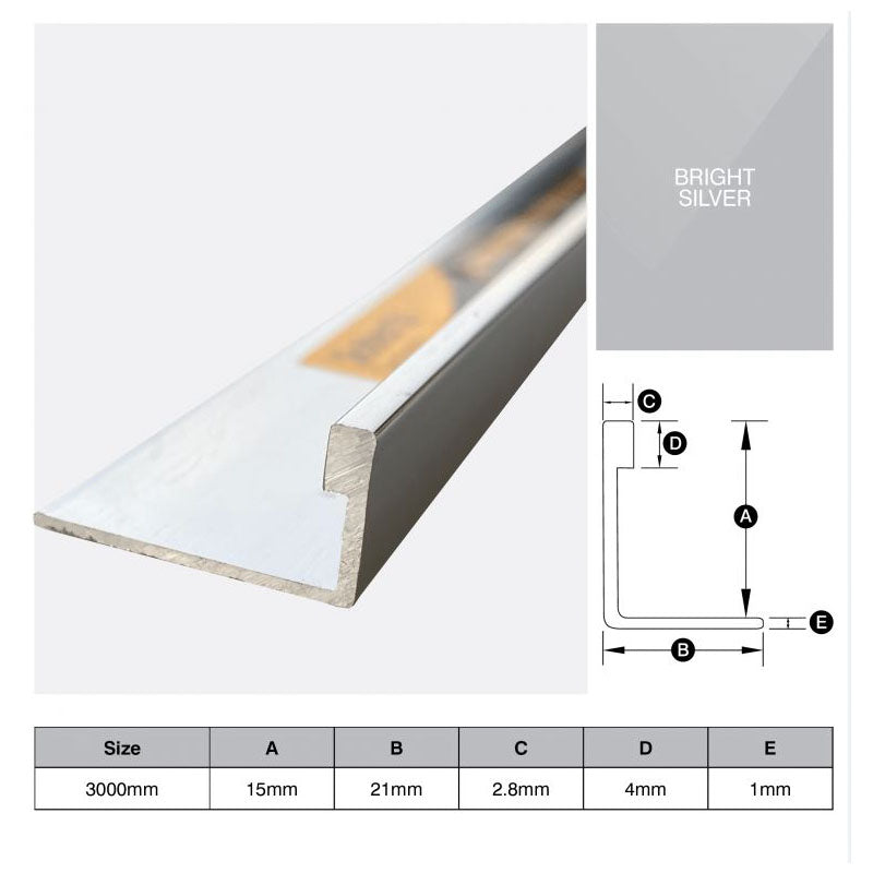 Aluminium Angle - Bright Silver 15mm x 3m