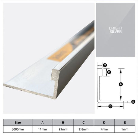 Aluminium Angle - Bright Silver 11mm x 3m