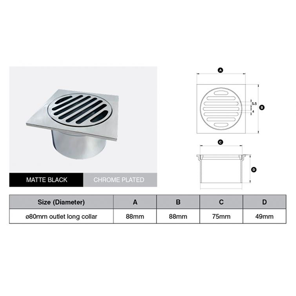 Brass Chrome Plated Square Floor Grate (Watermarked) 80mm Dia Outlet - Long Collar 88 x 88mm