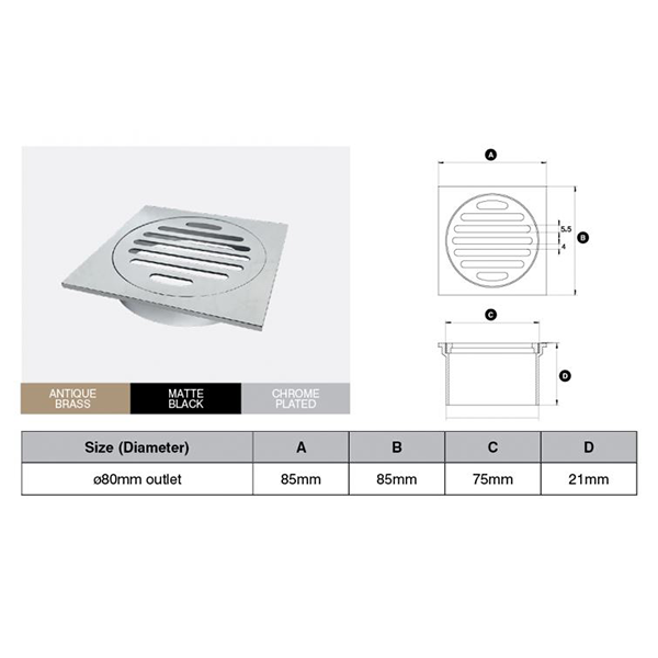 Brass Chrome Plated Square Floor Grate (Watermarked) 80mm Dia Outlet 85 x 85mm