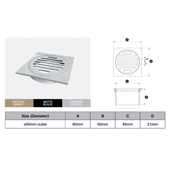 Brass Chrome Plated Square Floor Grate (Watermarked) 50mm Dia Outlet 60 x 60mm