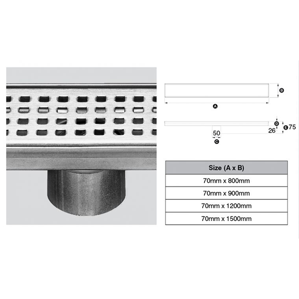 316 Stainless Steel Grate - Square Punched Profile 50mm Dia Outlet, Stainless Steel Filter, Watermarked 70mm x 800mm