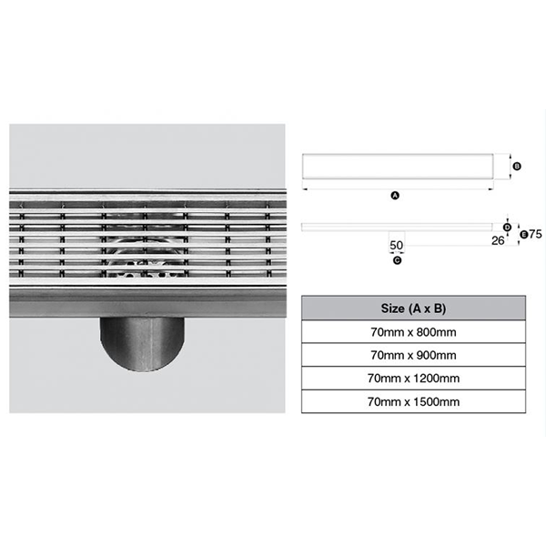 316 Stainless Steel Grate - Strip Punched Profile 50mm Dia Outlet, Stainless Steel Filter, Watermarked 70mm x 900mm
