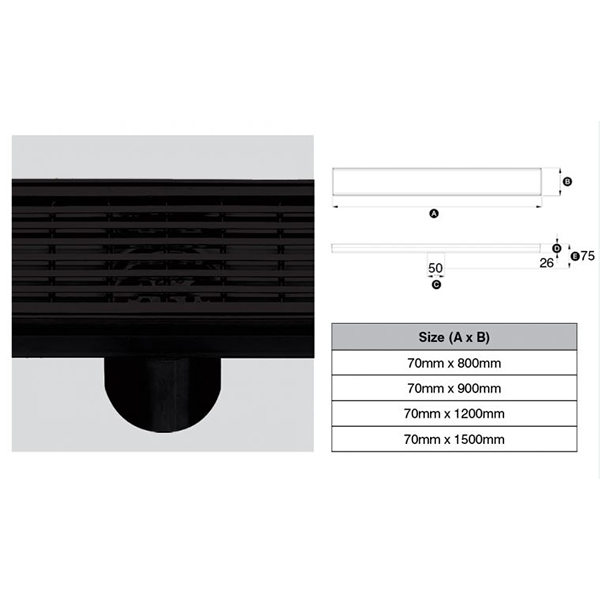 316 Stainless Steel Grate - Strip Punched Profile 50mm Dia Outlet, Stainless Steel Filter, Watermarked - Matte Black Finish 70mm x 1500mm