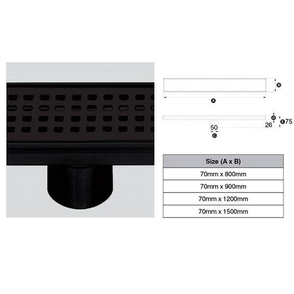 316 Stainless Steel Grate - Square Punched Profile 50mm Dia Outlet, Stainless Steel Filter, Watermarked - Matte Black Finish 70mm x 800mm