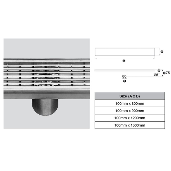 316 Stainless Steel Grate - Strip Punched Profile 76mm Dia Outlet, Stainless Steel Filter, Watermarked 100mm x 1200mm