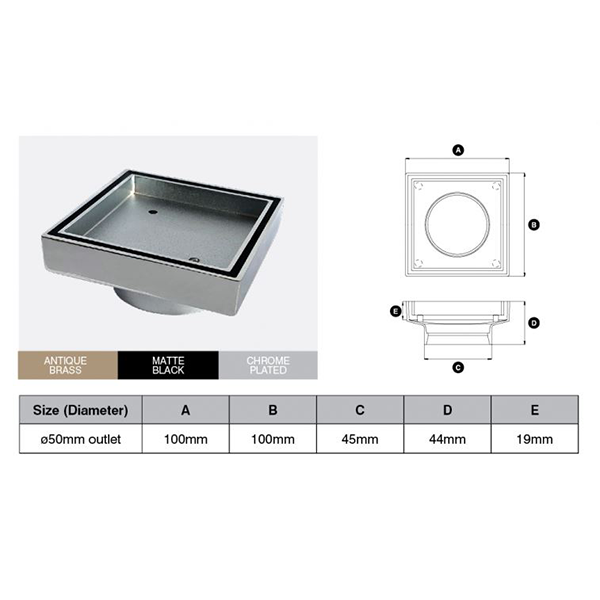 Brass Chrome Plated Tile Insert Drain (Watermarked) 50mm Dia outlet 100 x 100mm