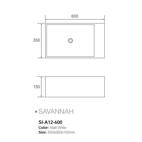 Solid Surface Basin Series Savannah Above Counter Matt White 600x350x150mm