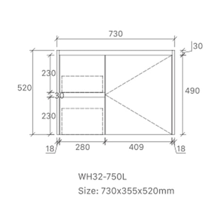 Sierra Series Wall Hung Right Hand Drawer Natural Timber 730x355x520mm CABINET ONLY